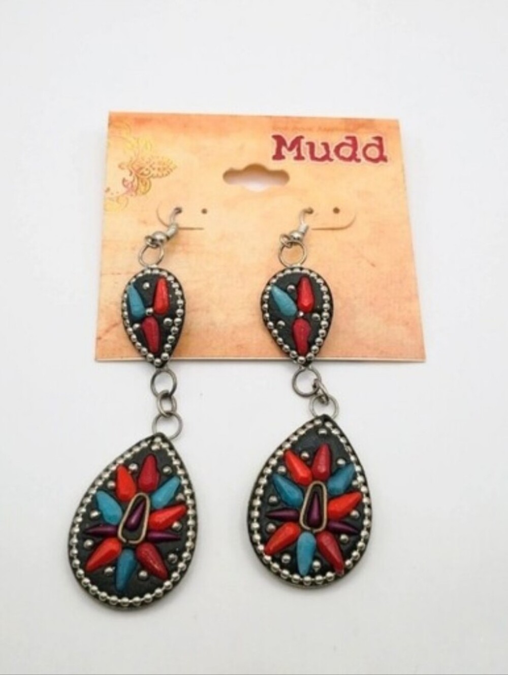 Mudd Red and Teal Boho Teardrop Dangle Earrings